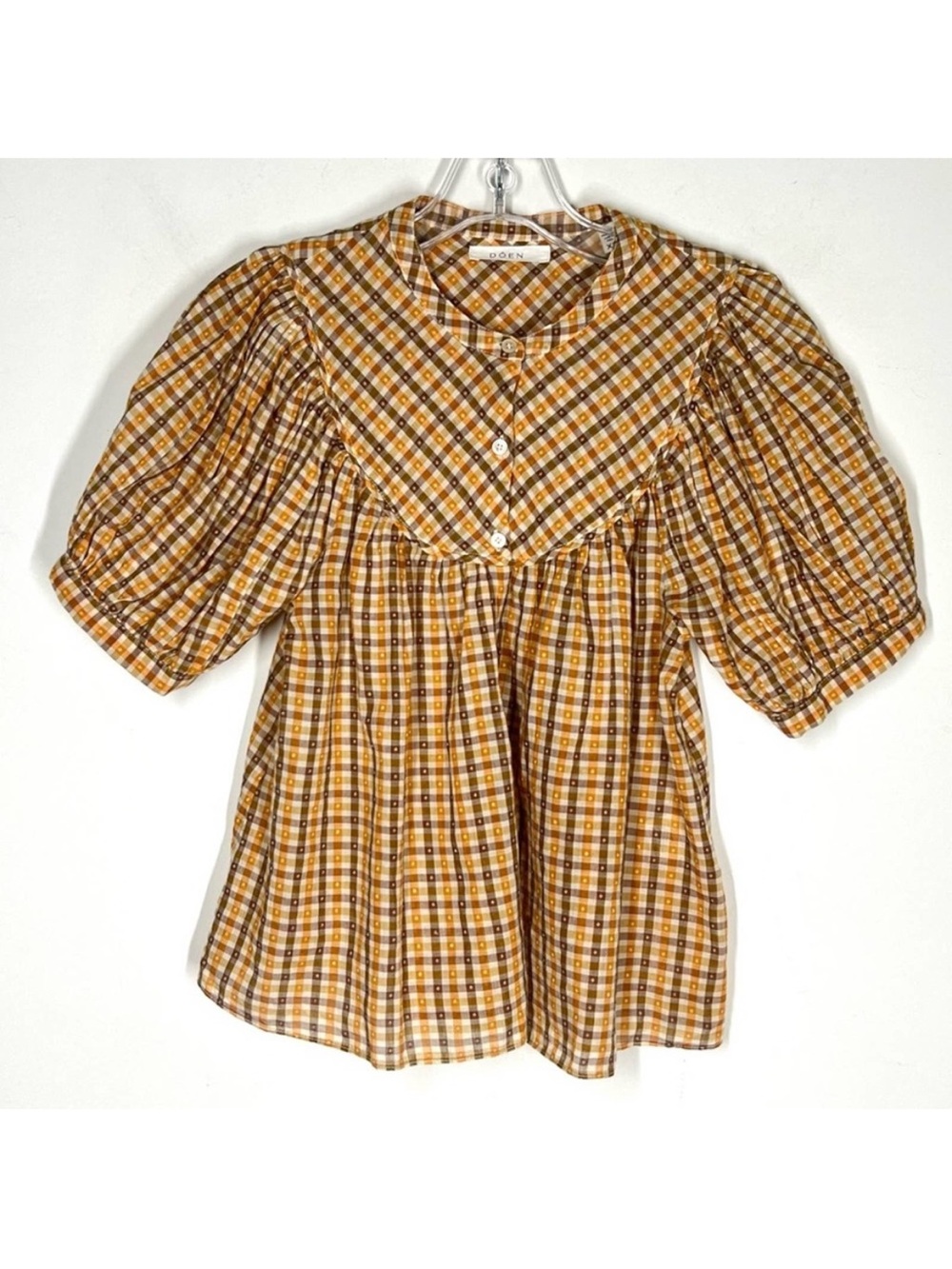 Doen Brenna Blouse in Orange Meringue Plaid Puff Sleeves Button Front Sz XS - Picture 3 of 6